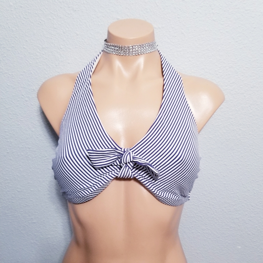 Kona Sol Black and White Striped Halter Bra